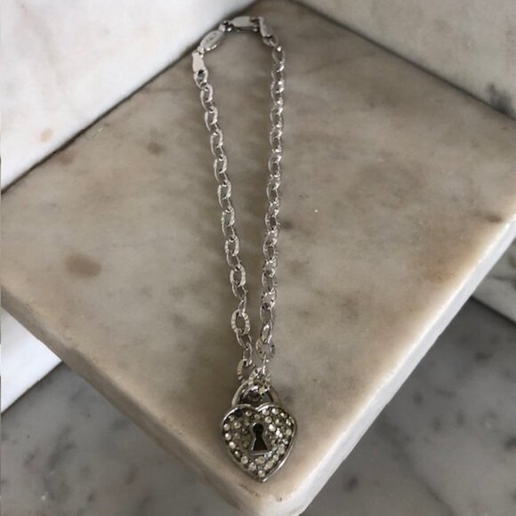 Italian Bracelet with Heart Keyhole Rhinestone Charm Silver